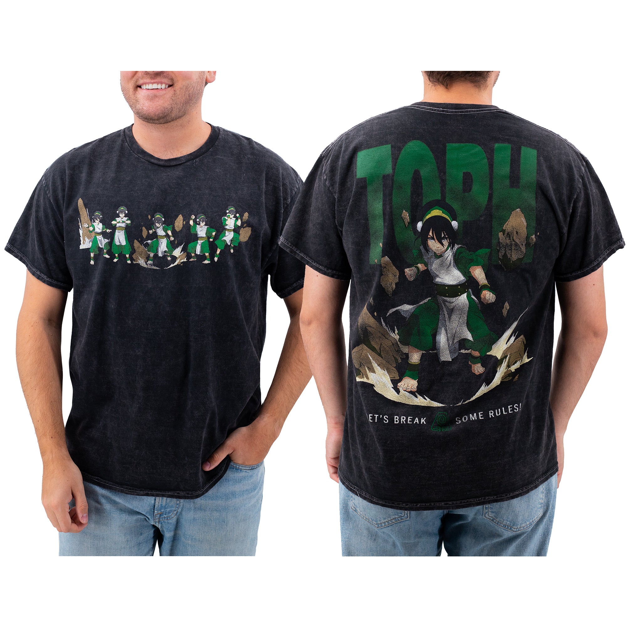 Front and back view of black mineral wash T-shirt on standard male body to show fit. Tee is featuring Toph Beifong from Avatar: The Last Airbender; front design shows multiple action poses of Toph earthbending, while the back showcases a large dynamic illustration with the text 'TOPH' and 'Let's Break Some Rules!'