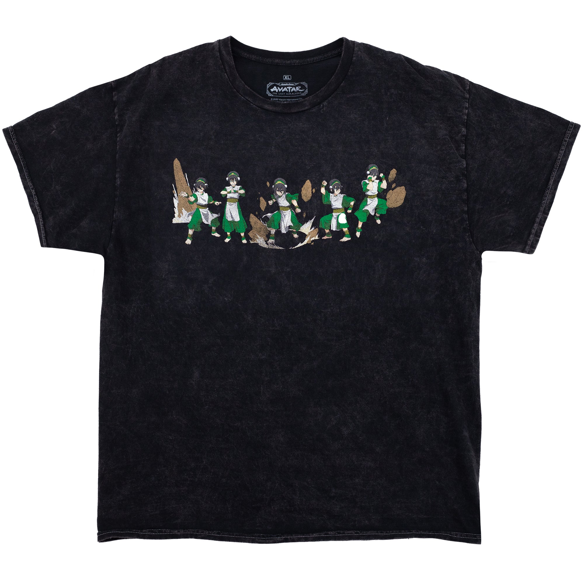 Front view of black mineral wash tee with distressed center chest design showing multiple action poses of Toph earth-bending.