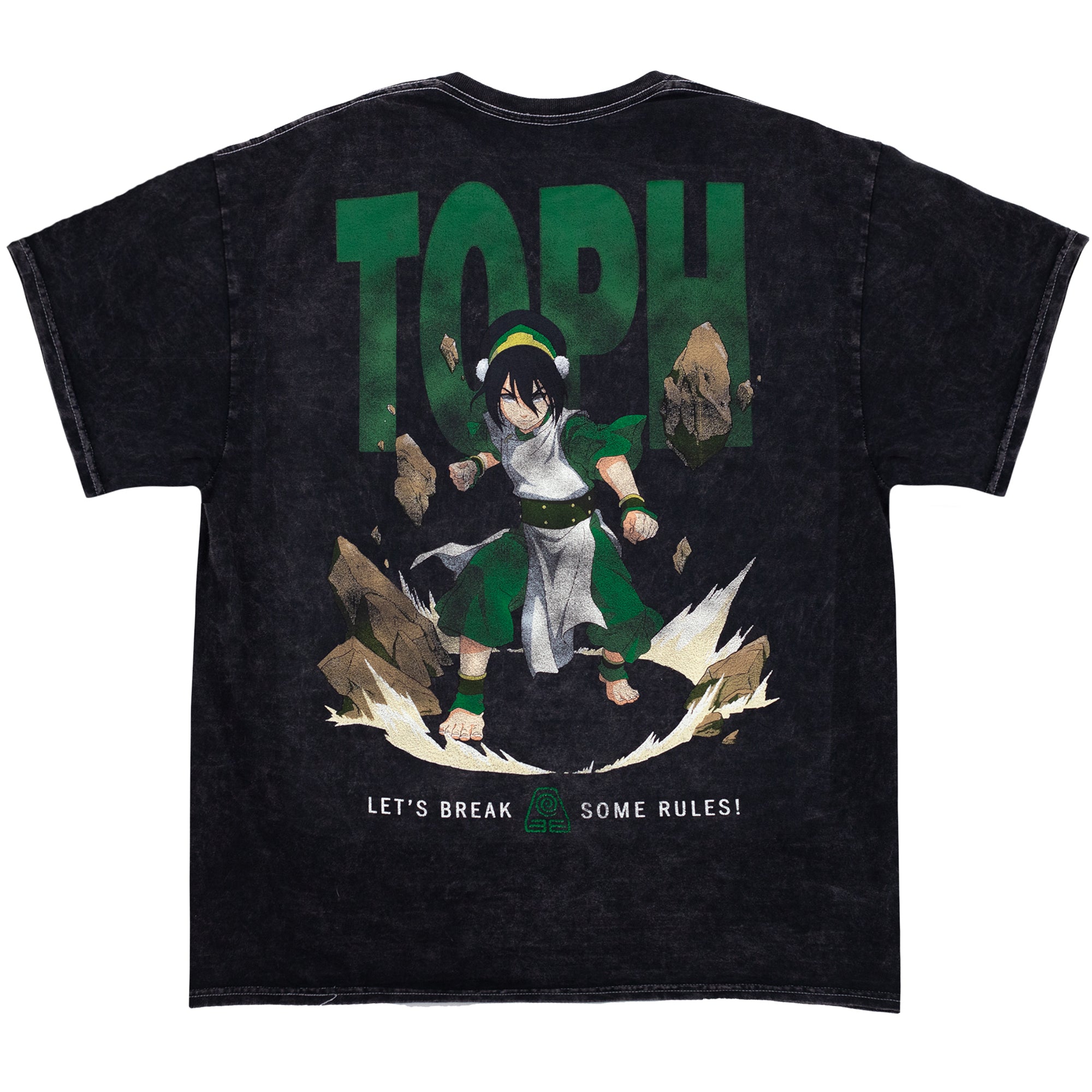 Back of black mineral wash tee that showcases a large dynamic illustration of Toph earth-bending with the text 'TOPH' and 'Let's Break Some Rules!"