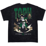 Back of black mineral wash tee that showcases a large dynamic illustration of Toph earth-bending with the text 'TOPH' and 'Let's Break Some Rules!"