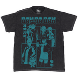 Black DanDaDan t-shirt with teal line art of the full main cast including Okarun, Momo, and Turbo Granny in a grid layout with bold title font.