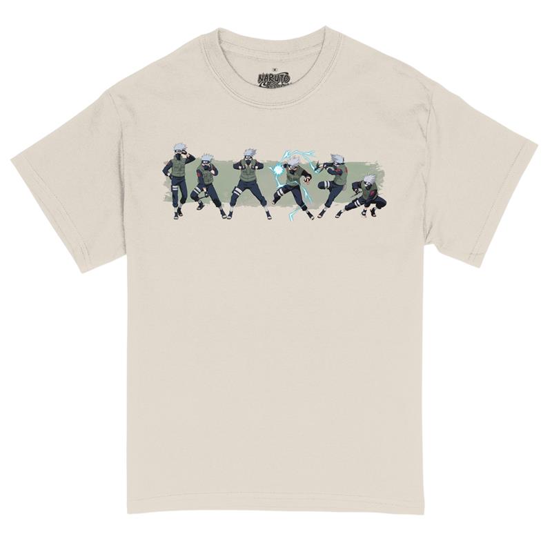 Front flat lay of natural colored tee, with 6 Kakashi Hatake poses atop a green color stripe, Includes multiple jutsu stances, lightening and kunai.
