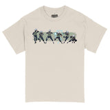 Front flat lay of natural colored tee, with 6 Kakashi Hatake poses atop a green color stripe, Includes multiple jutsu stances, lightening and kunai.