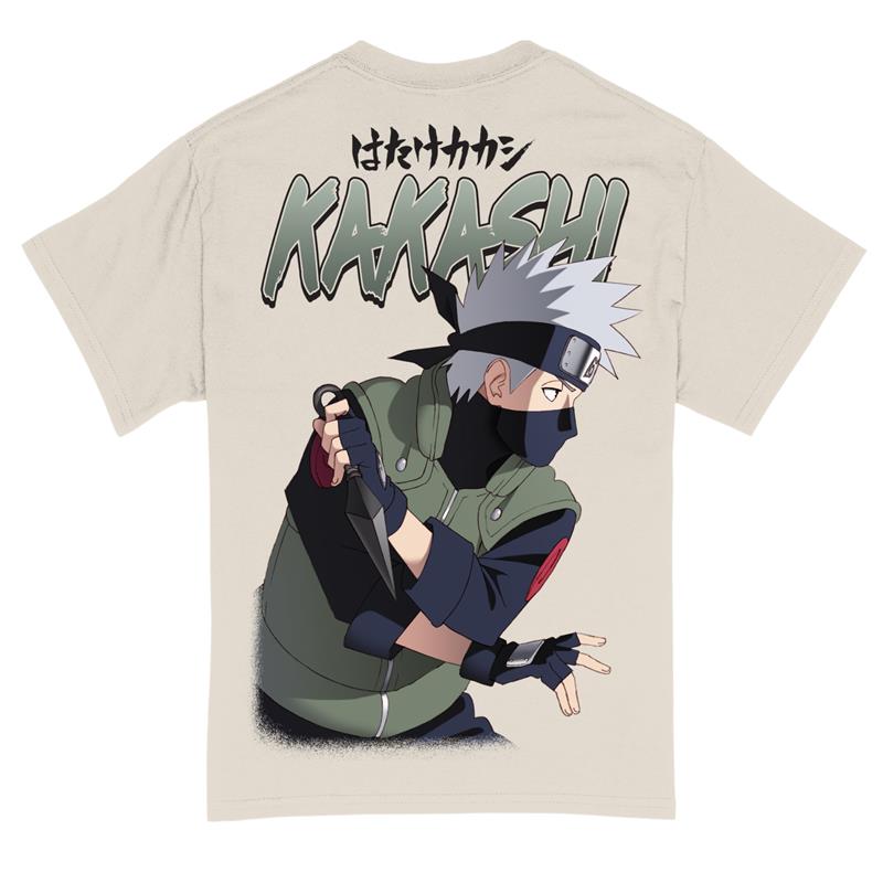 Back view of natural colored graphic tee featuring Jumbo graphic print of Kakashi from Naruto holding his kunai. With Japanese & English text reading "KAKASHI"