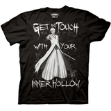 Alt text: Black t-shirt featuring a monochrome illustration of Hollow Ichigo from the anime Bleach. He is shown in his white Hollow form, holding a sword with a menacing grin. The stylized text around him reads, “GET IN TOUCH WITH YOUR INNER HOLLOW” in distressed, edgy lettering. The background has a rough, grunge texture to enhance the dark aesthetic.