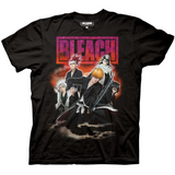 Black t-shirt featuring characters from the anime Bleach. The design showcases five prominent characters surrounded by a fiery red glow. Above them, the bold magenta and orange BLEACH logo is prominently displayed. Characters featured from left to right: Tōshirō Hitsugaya, Renji Abarai, Ichigo Kurosaki, Byakuya Kuchiki, and Rukia Kuchiki.