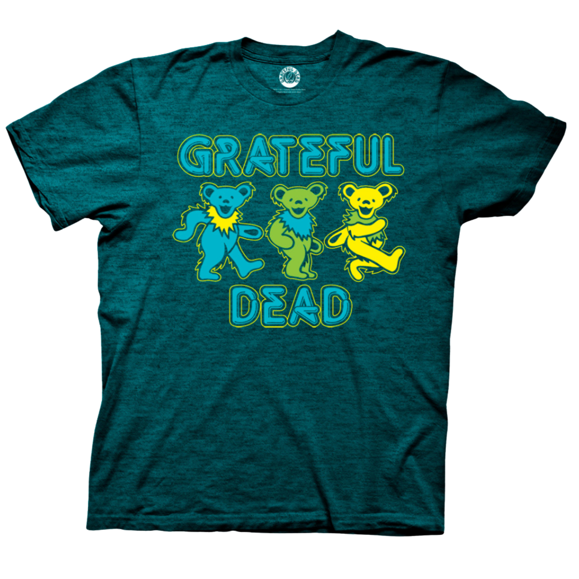 Dark turquoise t-shirt with three iconic grateful dead dancing bears in blue, green, and yellow. Text reads "GRATEFUL DEAD" in classic neon style lettering.