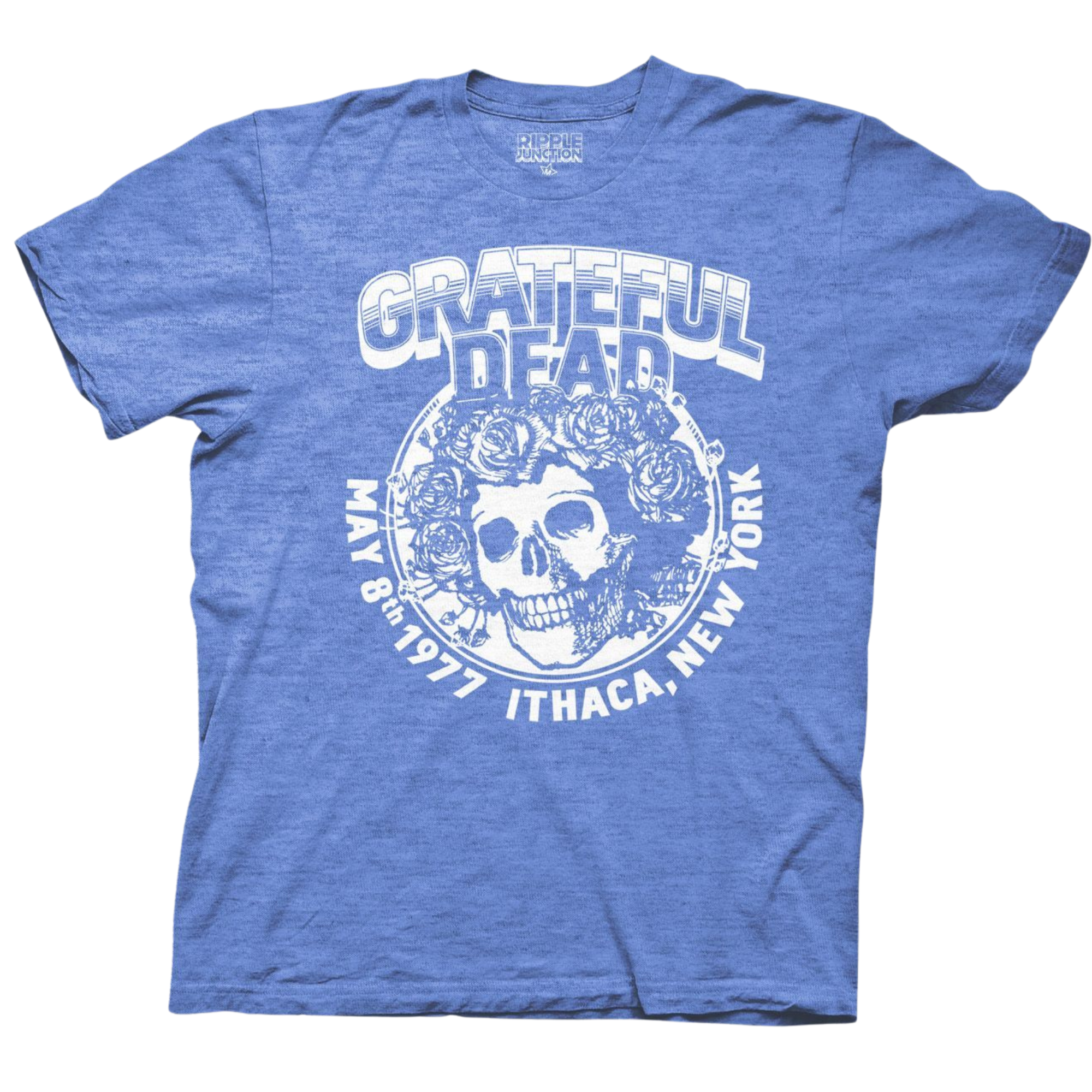Blue t-shirt featuring a white graphic design with iconic skull (Bertha) adorned with roses, and text that reads “GRATEFUL DEAD – MAY 8th 1977 – ITHACA, NEW YORK.” The shirt commemorates the Grateful Dead's iconic 1977 concert at Cornell University.