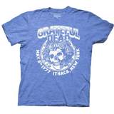 Blue t-shirt featuring a white graphic design with iconic skull (Bertha) adorned with roses, and text that reads “GRATEFUL DEAD – MAY 8th 1977 – ITHACA, NEW YORK.” The shirt commemorates the Grateful Dead's iconic 1977 concert at Cornell University.