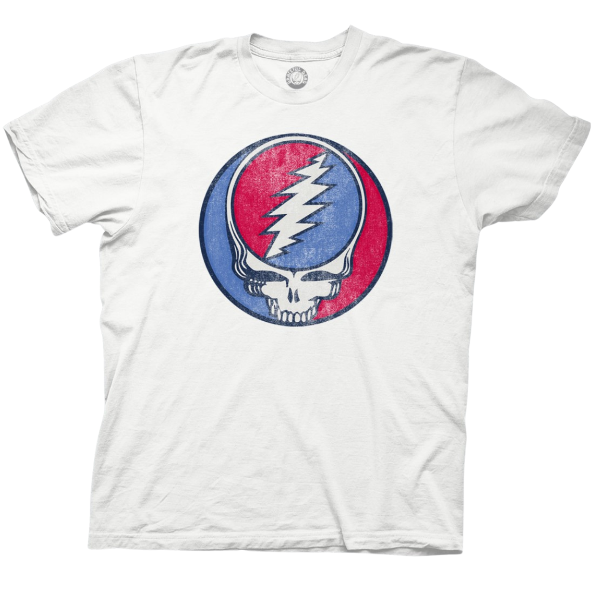 White t-shirt featuring the iconic Grateful Dead “Steal Your Face” logo—a white skull with a red and blue lightning bolt splitting the circle background. The design has a vintage, distressed look.