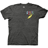 A dark heather grey Grateful Dead T-shirt featuring a front chest graphic of the band's name in colorful, psychedelic lettering above a yellow lightning bolt. 
