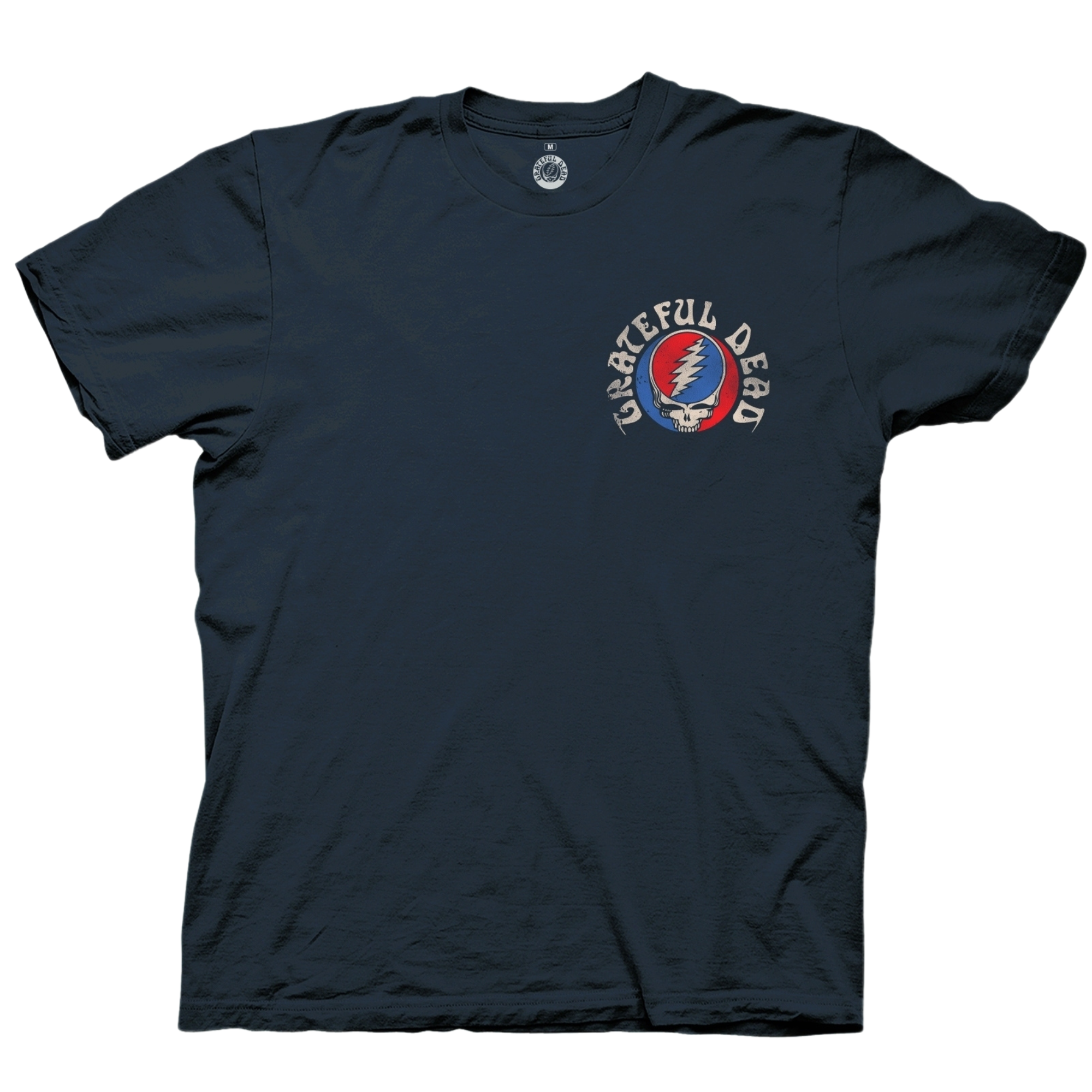 Navy crew-neck tee with Grateful Dead name and Steal your face logo in red and white on upper left chest. 