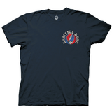 Navy crew-neck tee with Grateful Dead name and Steal your face logo in red and white on upper left chest. 