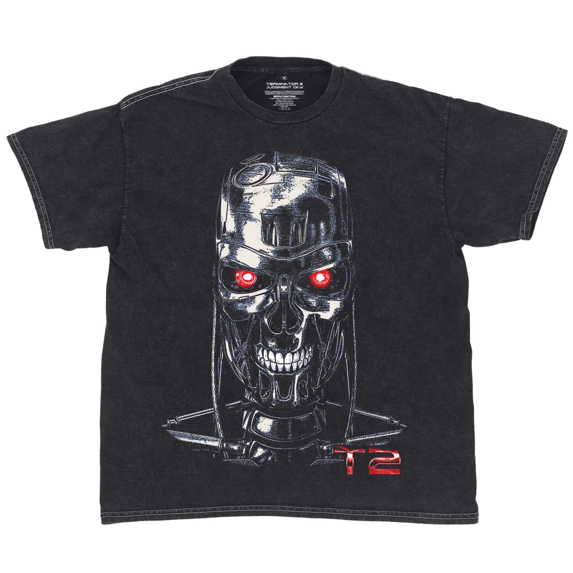 Terminator T2 Endo skull, distressed print with red lazar eyes on black mineral wash tee with white contrast stitching.
