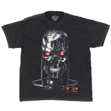 Terminator T2 Endo skull, distressed print with red lazar eyes on black mineral wash tee with white contrast stitching.