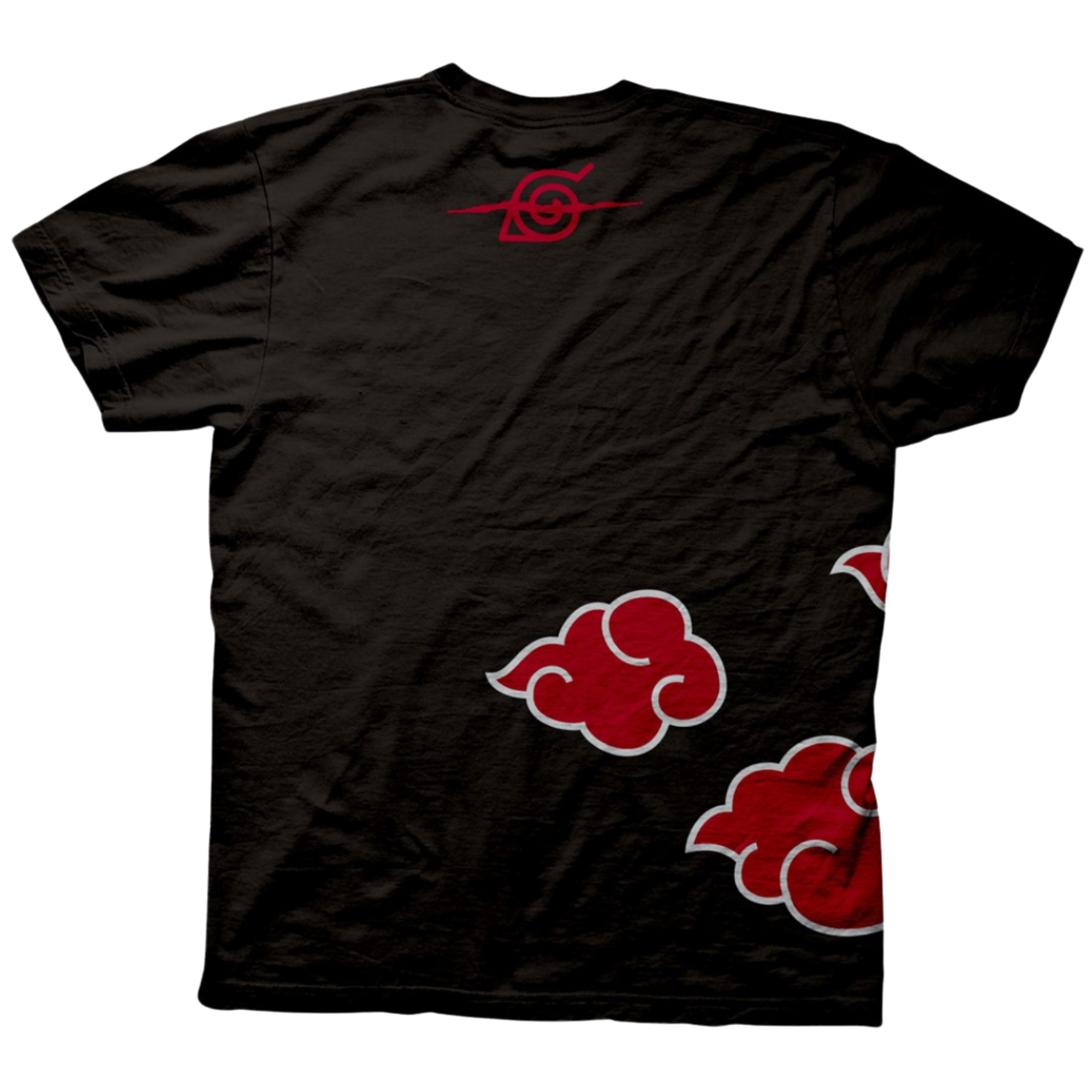 Back of a black Naruto t-shirt featuring red Akatsuki clouds and the Hidden Leaf Village symbol printed in red near the neck.