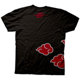 Back of a black Naruto t-shirt featuring red Akatsuki clouds and the Hidden Leaf Village symbol printed in red near the neck.