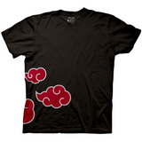 Front of a black Naruto Akatsuki t-shirt with red cloud symbols wrapping from the side and bottom.