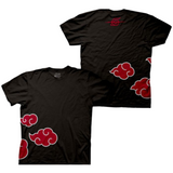 Front and back views of the Naruto Akatsuki t-shirt featuring bold red cloud symbols in seamless wrap-around print.