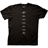 Black Naruto t-shirt with white center vertical design of crossed-out ninja village headband symbols representing the rogue shinobi.