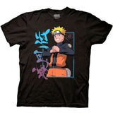Naruto t-shirt featuring Uzumaki Naruto in battle stance with colorful kanji text and Hidden Leaf symbol
