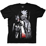 Black T-shirt featuring stylized artwork of characters from the anime "Naruto." The design prominently shows Kakashi Hatake with his Sharingan eye visible, wearing a mask and flak jacket. Behind him is a large image of his Anbu mask, and below are other characters including Minato Namikaze (the Fourth Hokage) in his white cloak with red flames, and other members of Team Minato—Obito Uchiha, Rin Nohara, and a younger Kakashi. The art is rendered in a bold, monochrome style with red accents.