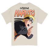 Back view of natural colored graphic tee featuring Jumbo graphic print of Naruto mid jutsu . With Japanese & English text reading "NARUTO"