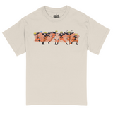 Front flat lay of natural colored tee, with full-color prints of 6 Naruto ninja stances atop an orange paint stroke.