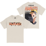 Front and Back of a natural (beige) colored graphic anime t-shirt. Features Naruto from Naruto Shippuden in multiple ninja stances on the front, while the back has a close-up image and character name text. 