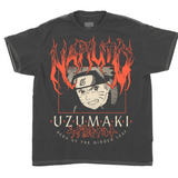 Front of black Naruto pigment dyed t-shirt with a fierce graphic of Naruto Uzumaki, flaming metal-style typography reading “Naruto”, and surrounding typography that says “Uzumaki – Hero of the Hidden Leaf” in English and Japanese. Tee has contrasted white stitching and a vintage wash. 