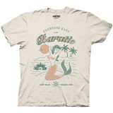 Cream-colored t-shirt featuring a vintage-style illustration from the world of One Piece. The design shows a mermaid with long hair holding a beach ball in front of a tropical beach scene with palm trees and the Baratie floating restaurant in the background. The text reads "Everyone Eats at the Baratie" in stylized lettering, with "East Blue" and "Grand Line" written along the bottom. Design is reminiscent of retro surf shops. 
