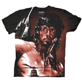 Rambo movie t-shirt, depicts Sylvester Stallone as rambo in a monochrome print with red accents on a black tee. Features movie weaponry and helicopter.
