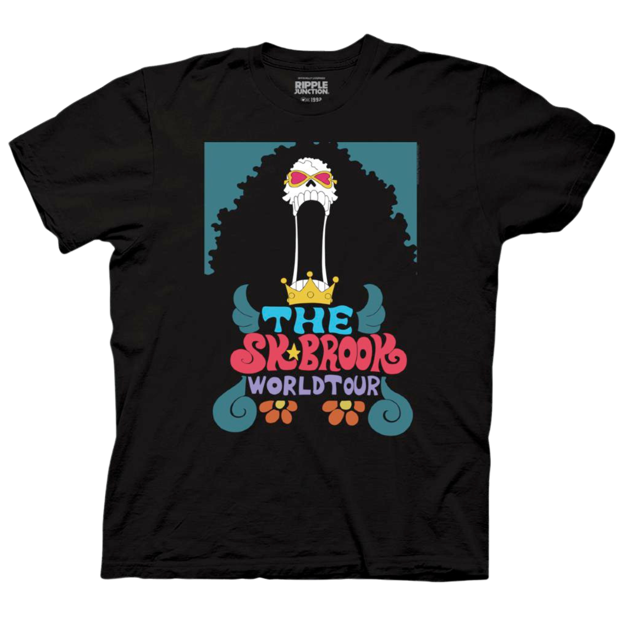 A black T-shirt featuring a vibrant design of Brook, the skeletal musician from the anime and manga "One Piece." The artwork showcases Brook with his iconic afro, sunglasses, and wide open mouth, set against a blue background. Below him, colorful, retro-style text reads “The Soul King Brook World Tour,” with “Soul King” stylized as “SK Brook” in bold red and yellow lettering. A golden crown and decorative flourishes add a musical and royal flair to the design, for an authentic tour poster.