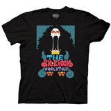 A black T-shirt featuring a vibrant design of Brook, the skeletal musician from the anime and manga "One Piece." The artwork showcases Brook with his iconic afro, sunglasses, and wide open mouth, set against a blue background. Below him, colorful, retro-style text reads “The Soul King Brook World Tour,” with “Soul King” stylized as “SK Brook” in bold red and yellow lettering. A golden crown and decorative flourishes add a musical and royal flair to the design, for an authentic tour poster.