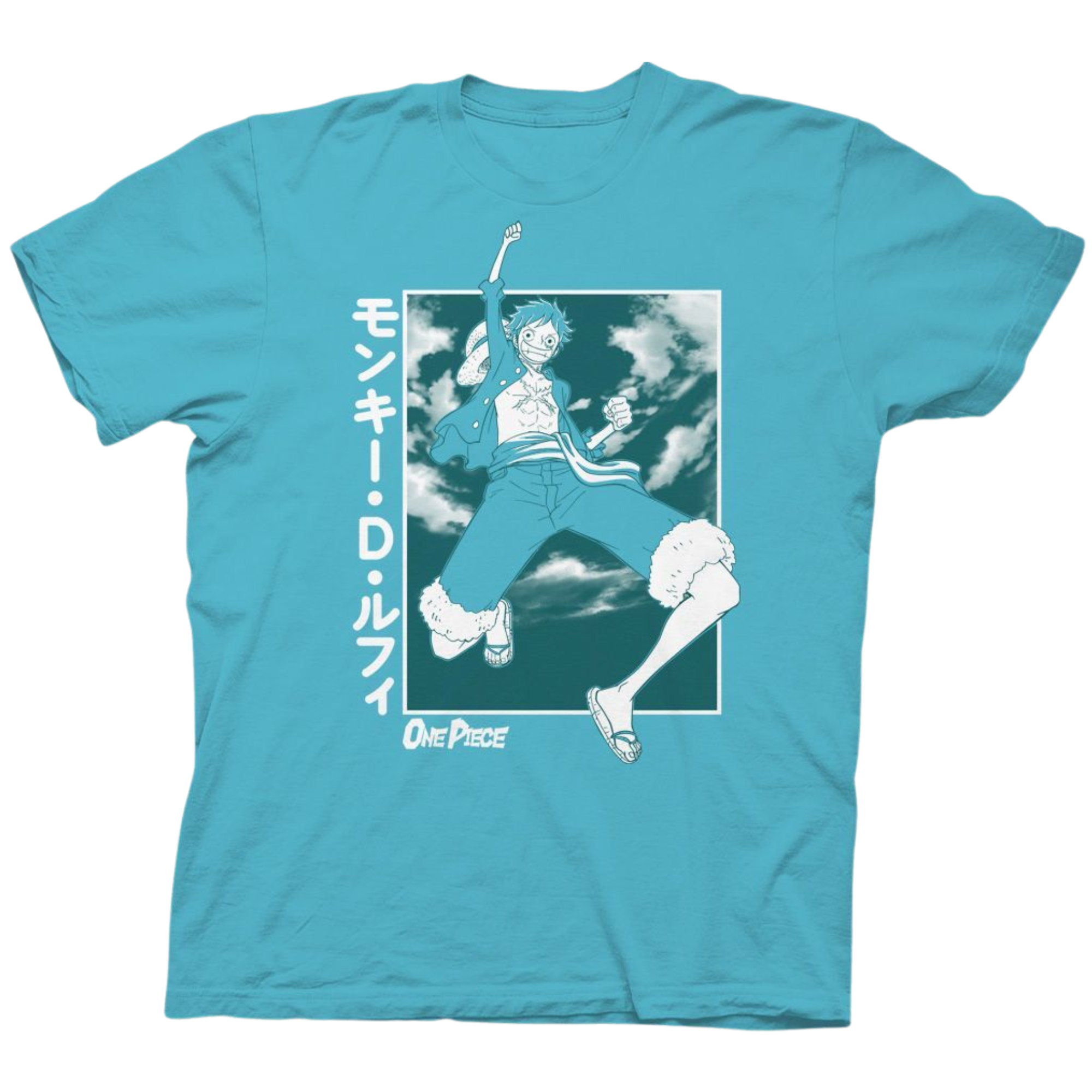 A turquoise T-shirt featuring an illustration of Monkey D. Luffy, the main character from the anime and manga "One Piece." Luffy is depicted in an action pose, jumping with a fist raised and a wide grin. He is wearing his signature outfit, and the background shows a cloudy sky. Japanese text on the left reads "モンキー・D・ルフィ" (Monkey D. Luffy), and the "One Piece" logo is displayed at the bottom.