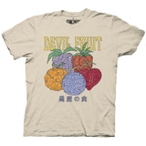 Tan One Piece Devil Fruit T-Shirt featuring Gomu Gomu, Mera Mera, and other iconic fruits