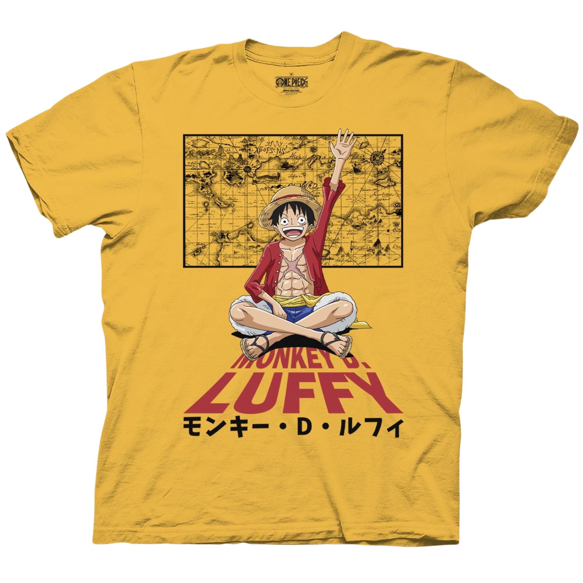 One Piece yellow t-shirt featuring Monkey D. Luffy sitting in front of a treasure map