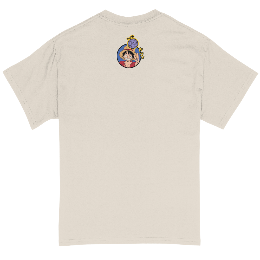 Beige t-shirt with a colorful graphic on the back against a white background