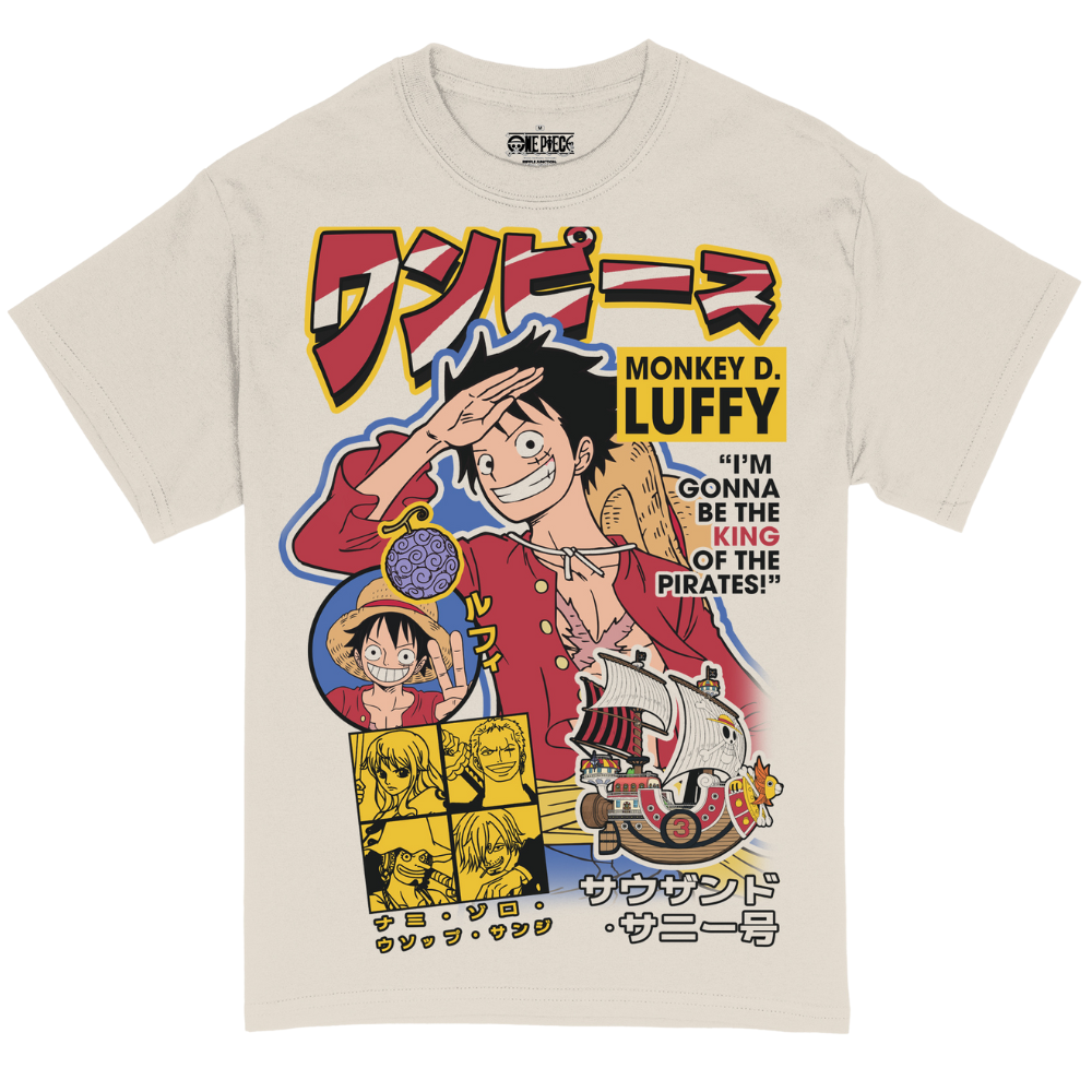 Beige t-shirt with Monkey D. Luffy graphic and text from One Piece anime on a white background