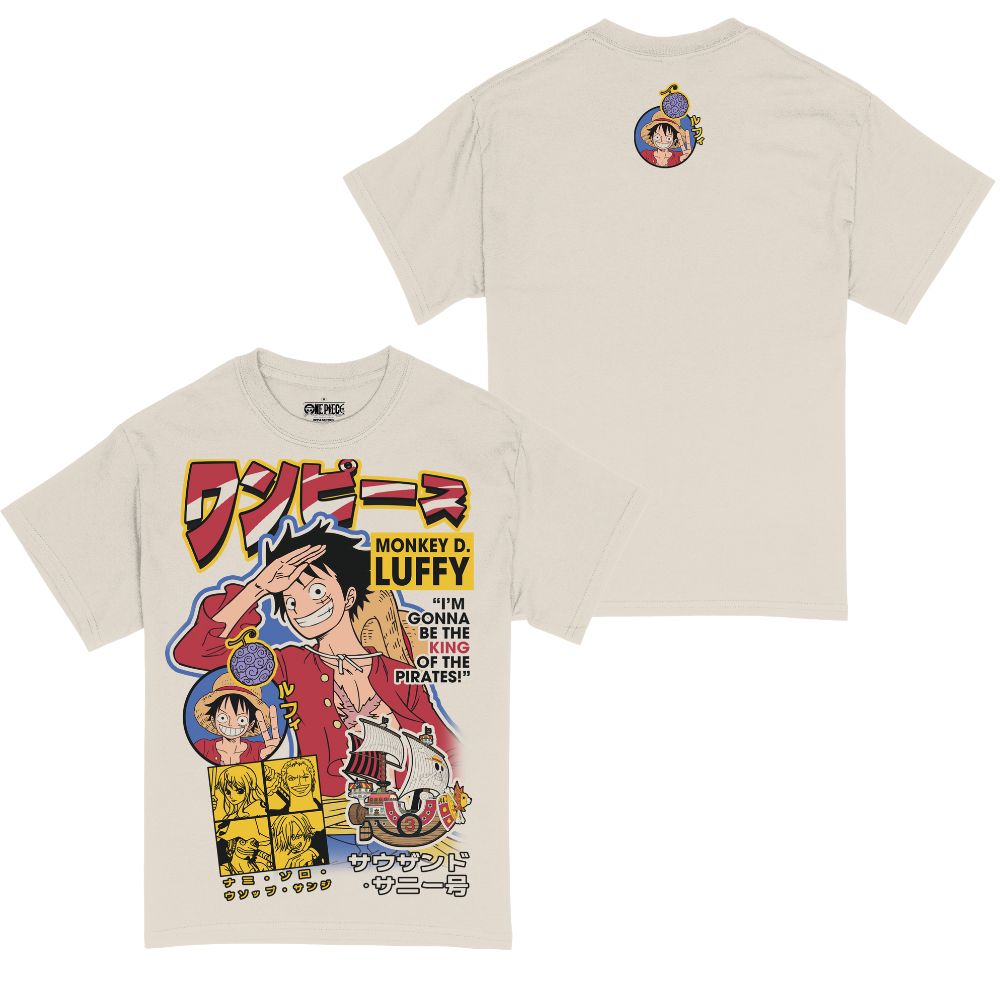 Beige t-shirt with colorful graphics and text on a white background