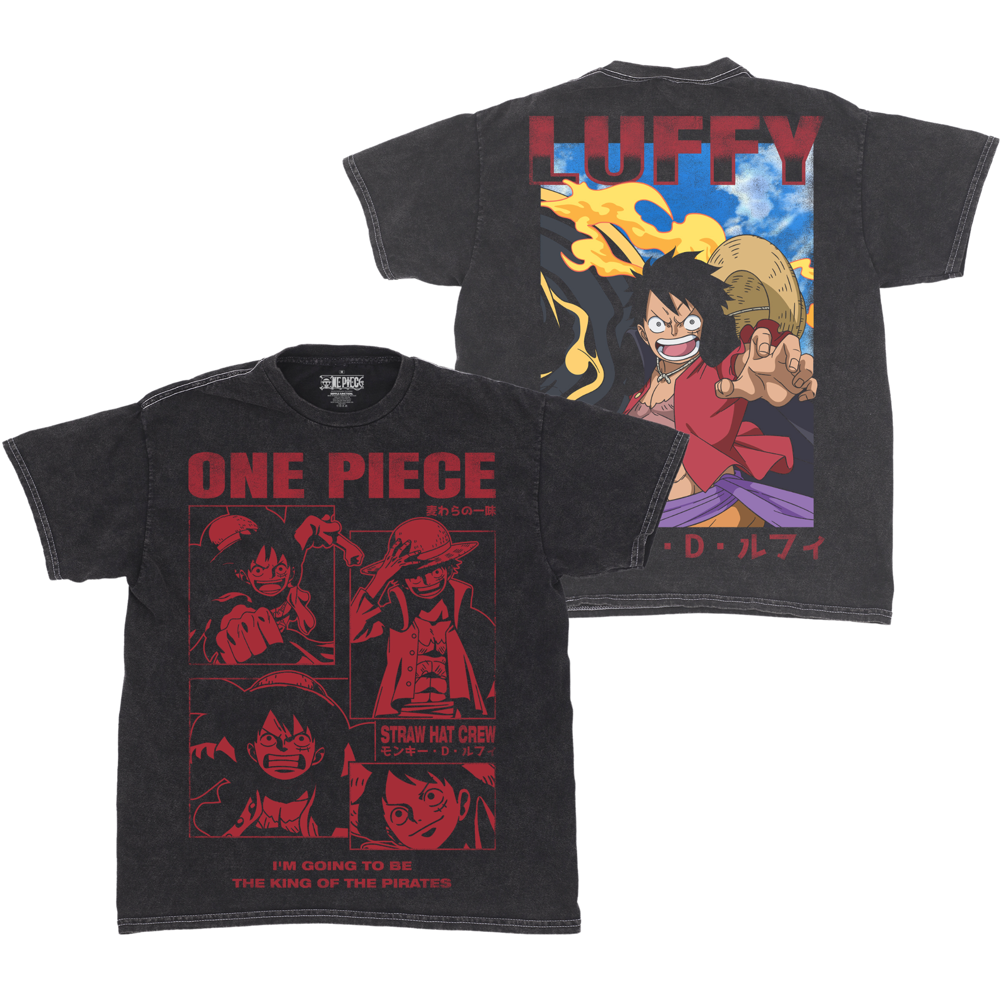 Front and back view of mineral wash black t-shirt. Official One Piece anime merch with jumbo double-sided print featuring Monkey D. Luffy.