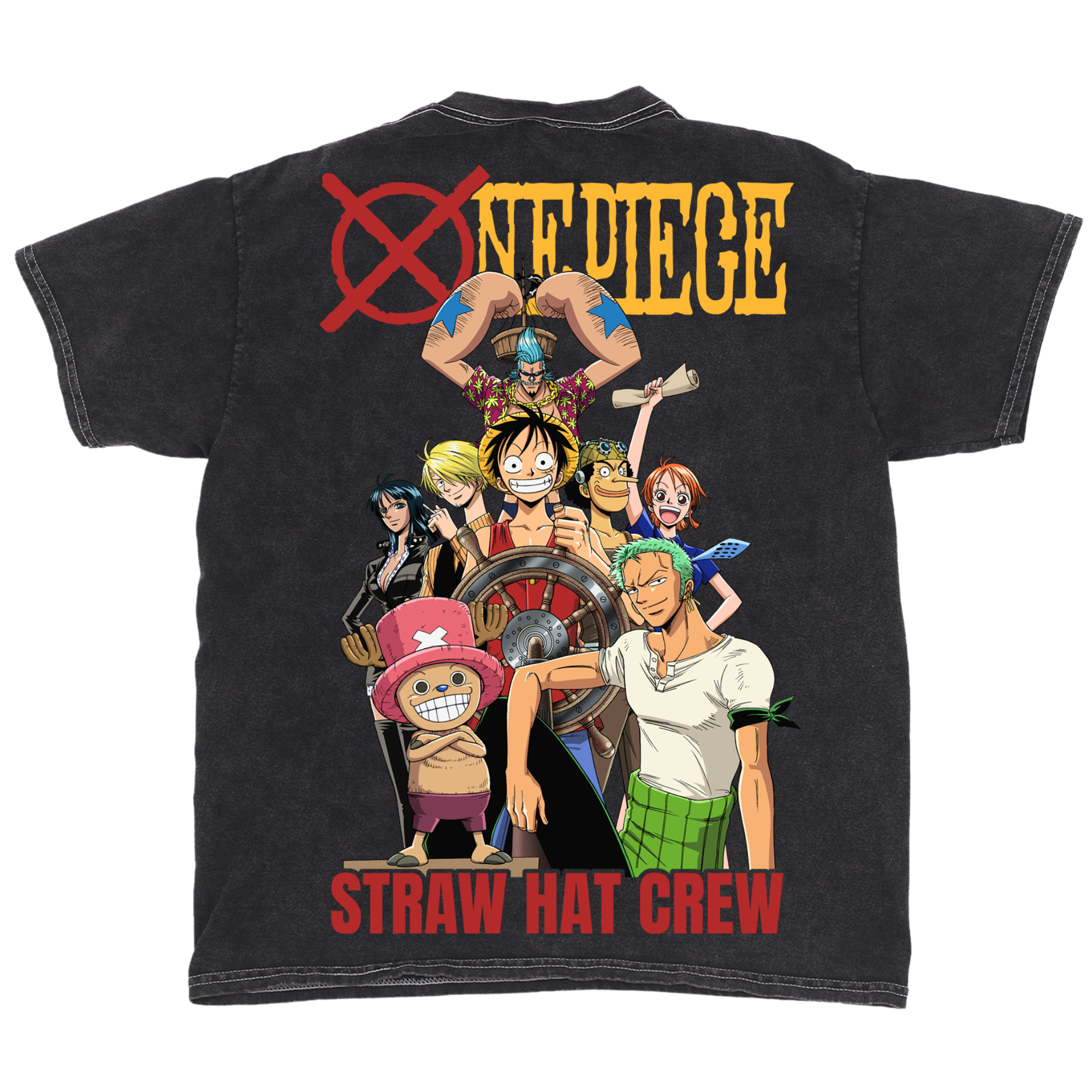 Back flat lay of black mineral wash One Piece anime tee. Featuring jumbo full-color print of the Straw Hat Crew pre-time skip. From top to bottom and left to right, Retro One Piece logo with crosshatch 'O' Franky with his arms raised, Robin, Sanji, Luffy with ship wheel, Usopp, Nami holding map, Chopper, and Zoro. Below is red text reading "STRAW HAT CREW" 