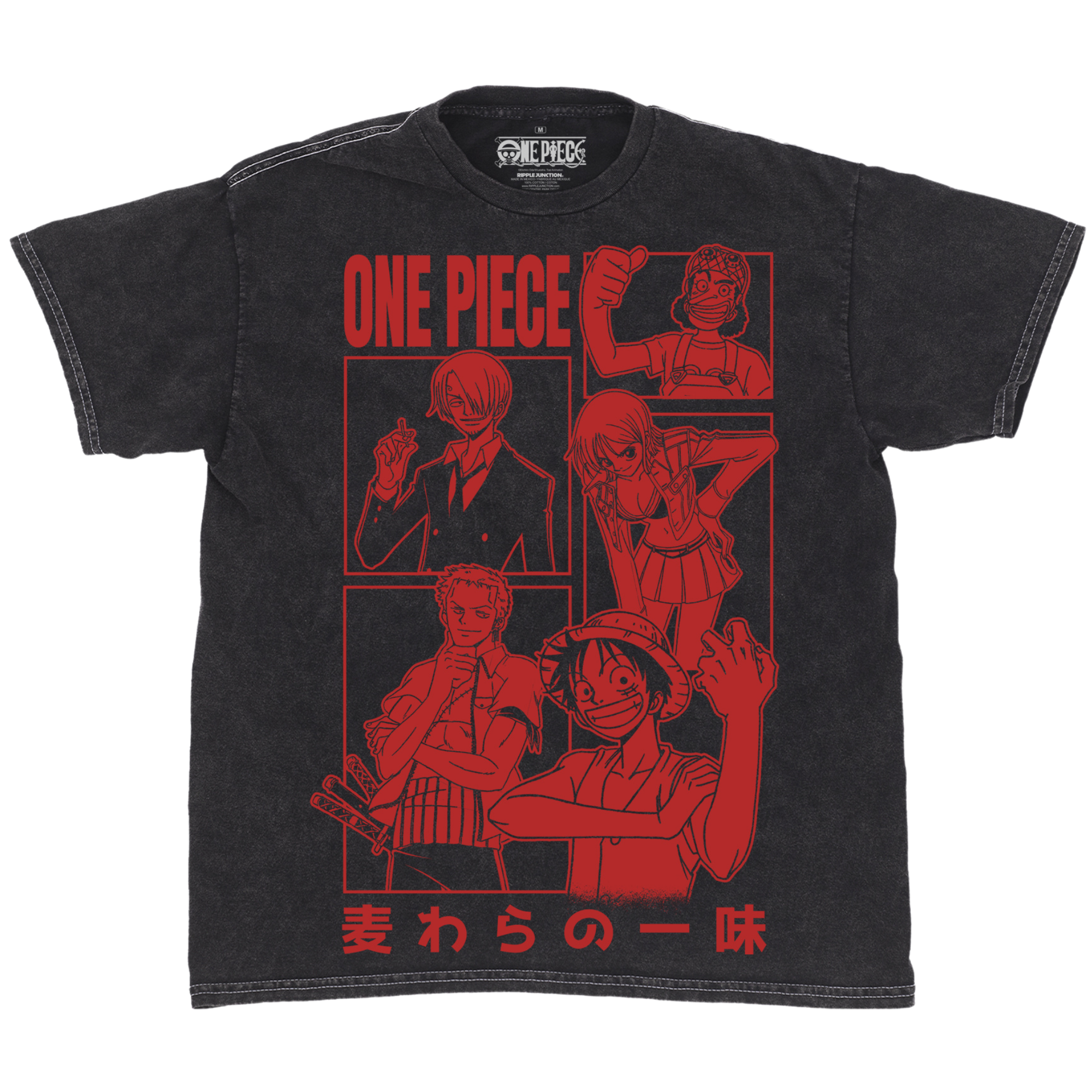 Front flat lay of One Piece Straw Hat crew black mineral wash tee. Jumbo crimson red monochrome manga style layout, from top to bottom Usopp, Sanji, Nami, Zoro, and Luffy.
On top text reading "ONE PIECE" in English. On bottom it reads "STRAW HAT CREW" in Japanese.
