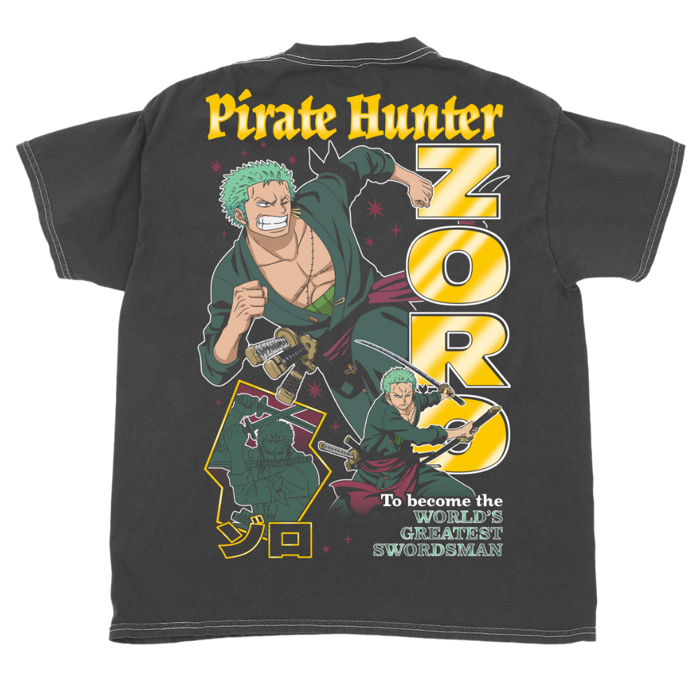 Black t-shirt with 'Pirate Hunter Zoro' graphic design on a white background