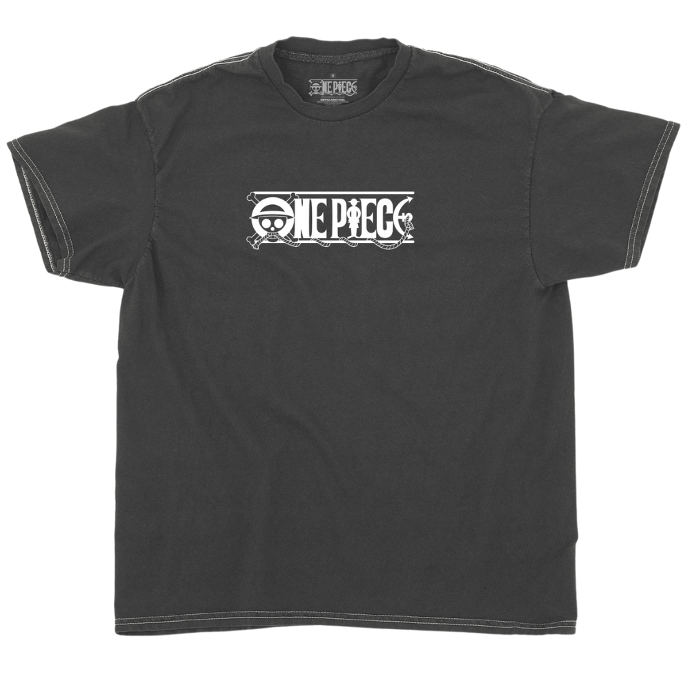 Black t-shirt with 'One Piece' logo on a white background