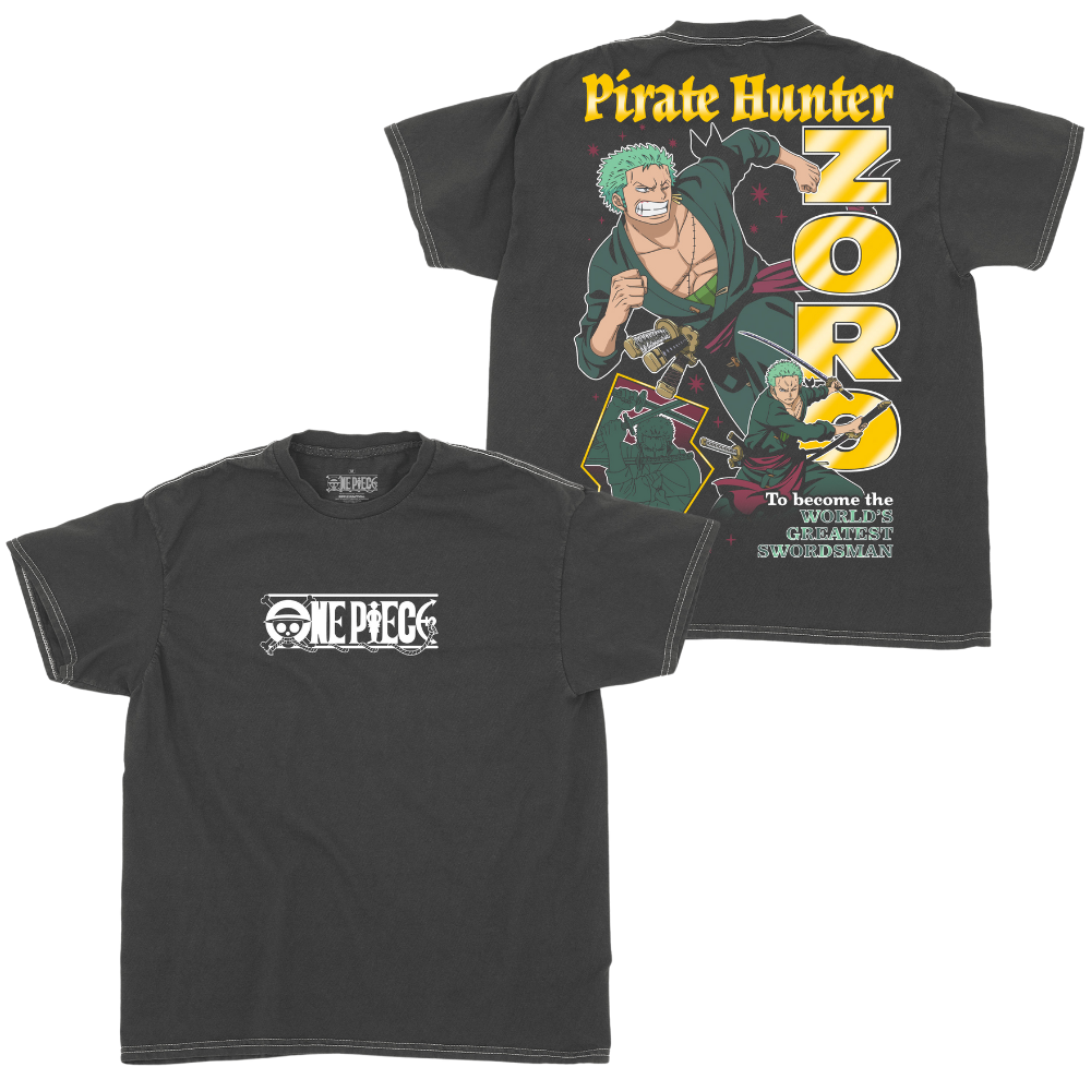 Black t-shirt with 'Pirate Hunter Zoro' design on the front and back, featuring a character from 'One Piece'.