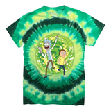 Rick and Morty green tie-dye cotton crewneck featuring intergalactic portal in signature green with Rick and Morty emerging. Rick is excited and holding his ray gun while Morty is apprehensive. 