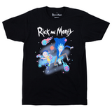 Rick and morty black cotton crew neck. Features series logo in white cloud typeface and titular main characters floating through space armed with their ray guns and gear. Soft airbrushed background and intergalactic imagery of meteors, stars, debris etc. 