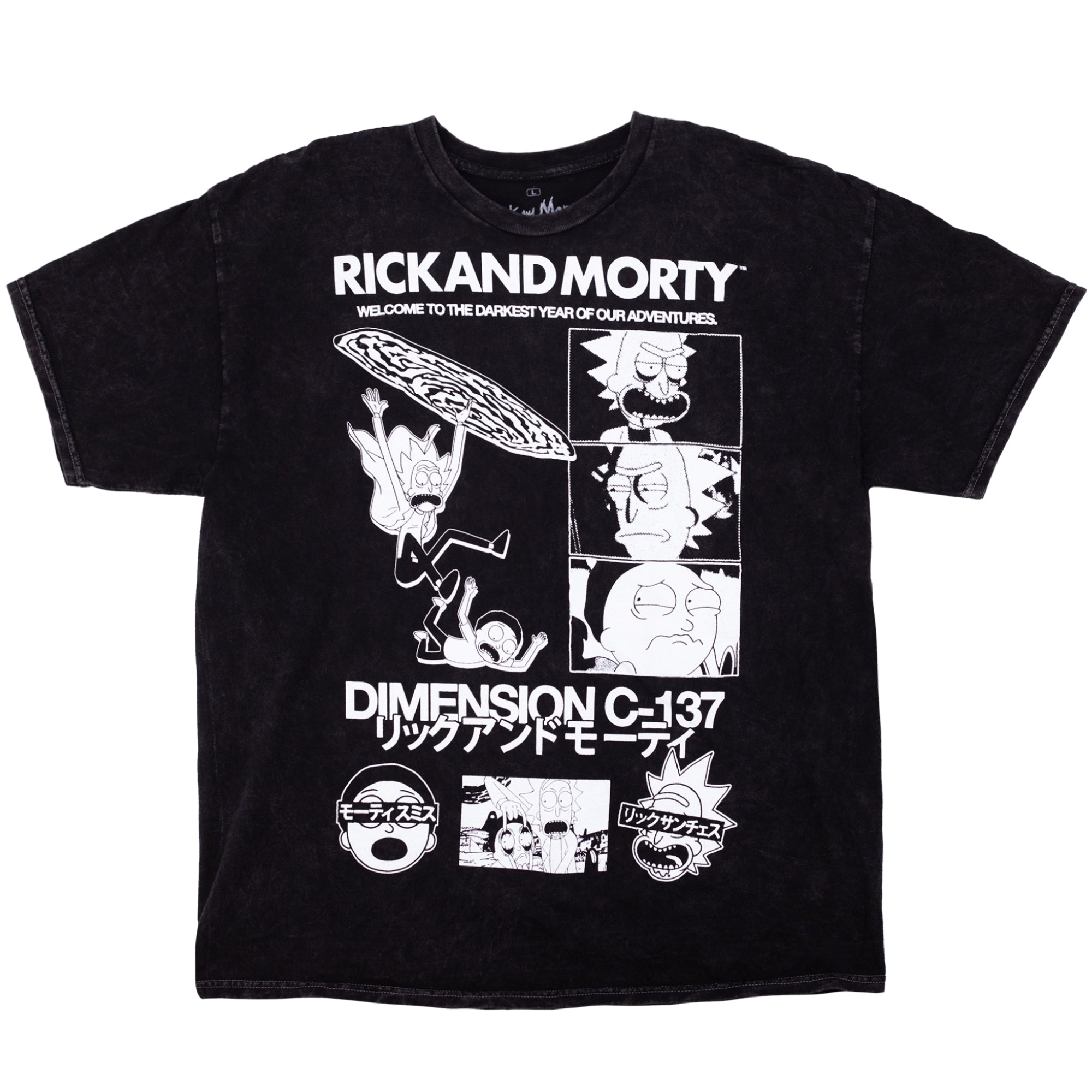 Rick and Morty T-Shirt featuring white printed graphic with text "Rick and Morty Welcome to the Darkest Year of our Adventures - Dimension C-137" with kanji below on Mineral Black tee