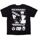 Rick and Morty T-Shirt featuring white printed graphic with text "Rick and Morty Welcome to the Darkest Year of our Adventures - Dimension C-137" with kanji below on Mineral Black tee